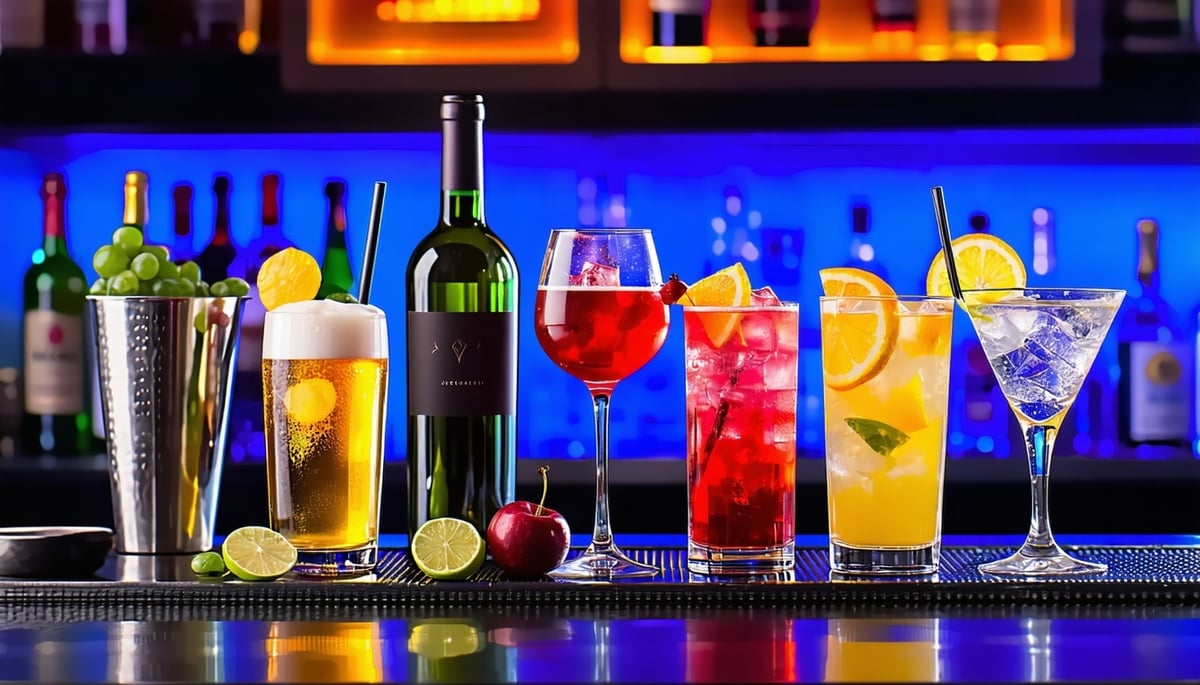 range of non alcoholic drinks beer wine cocktail water juice on a bar mood lighting elegant sophisticated
